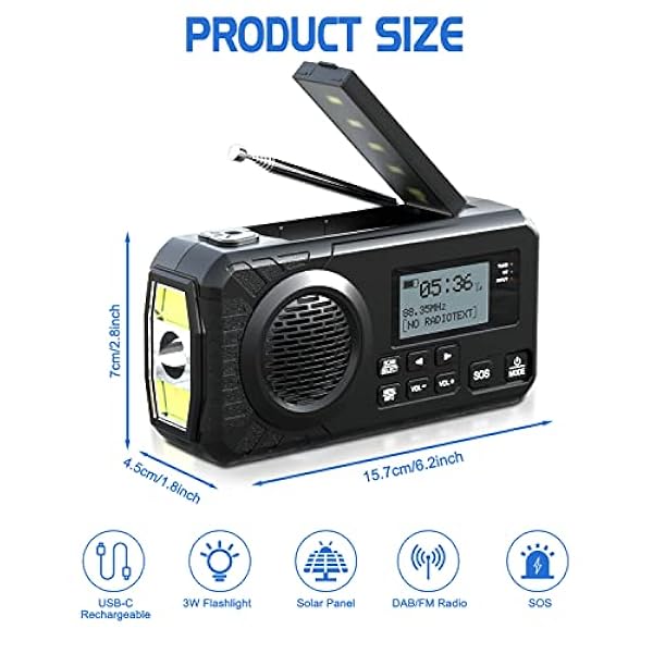Radio Solare Portatile 5000mAh DAB/BT/FM Radio Emergenza Radio Meteo Portatile Manovella Impermeabile Type-C Ricaricabile 4 Modalità con Bussola Torcia LED Allarme SOS per Campeggio Escursioni